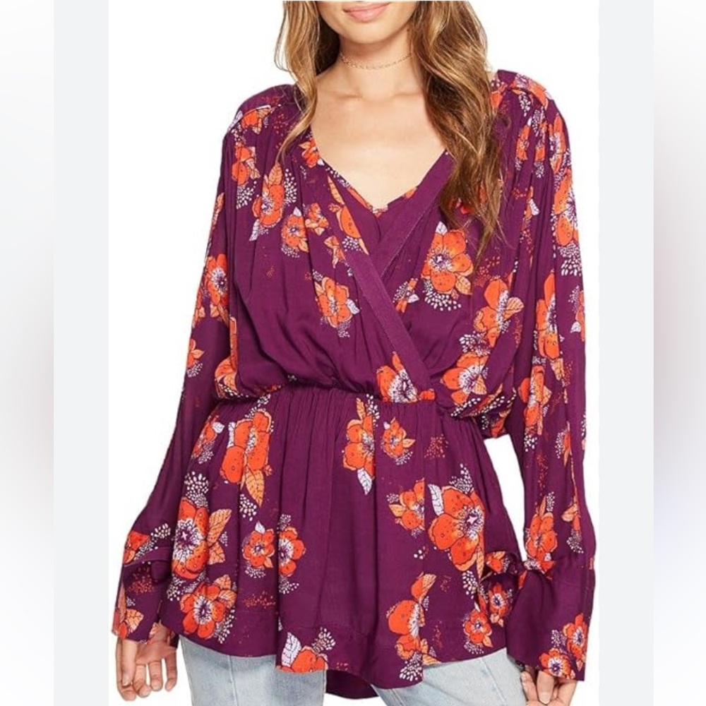 Free People Tuscan Dreams Purple & Orange Floral Tunic Long Sleeve Blouse Large